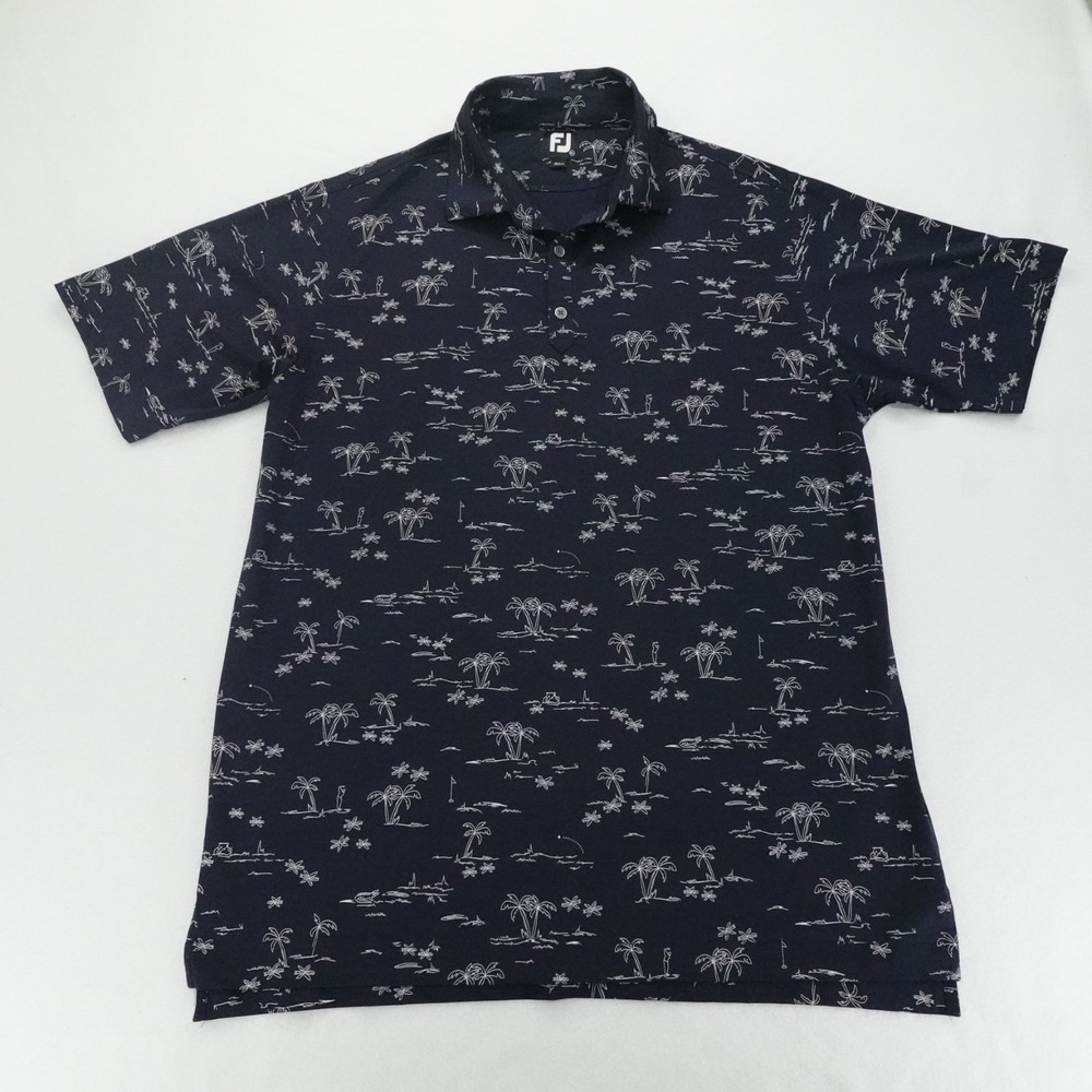FootJoy Polo Shirt Mens XL Navy Blue Palm Print‎ Stretch Golf Performance Casual